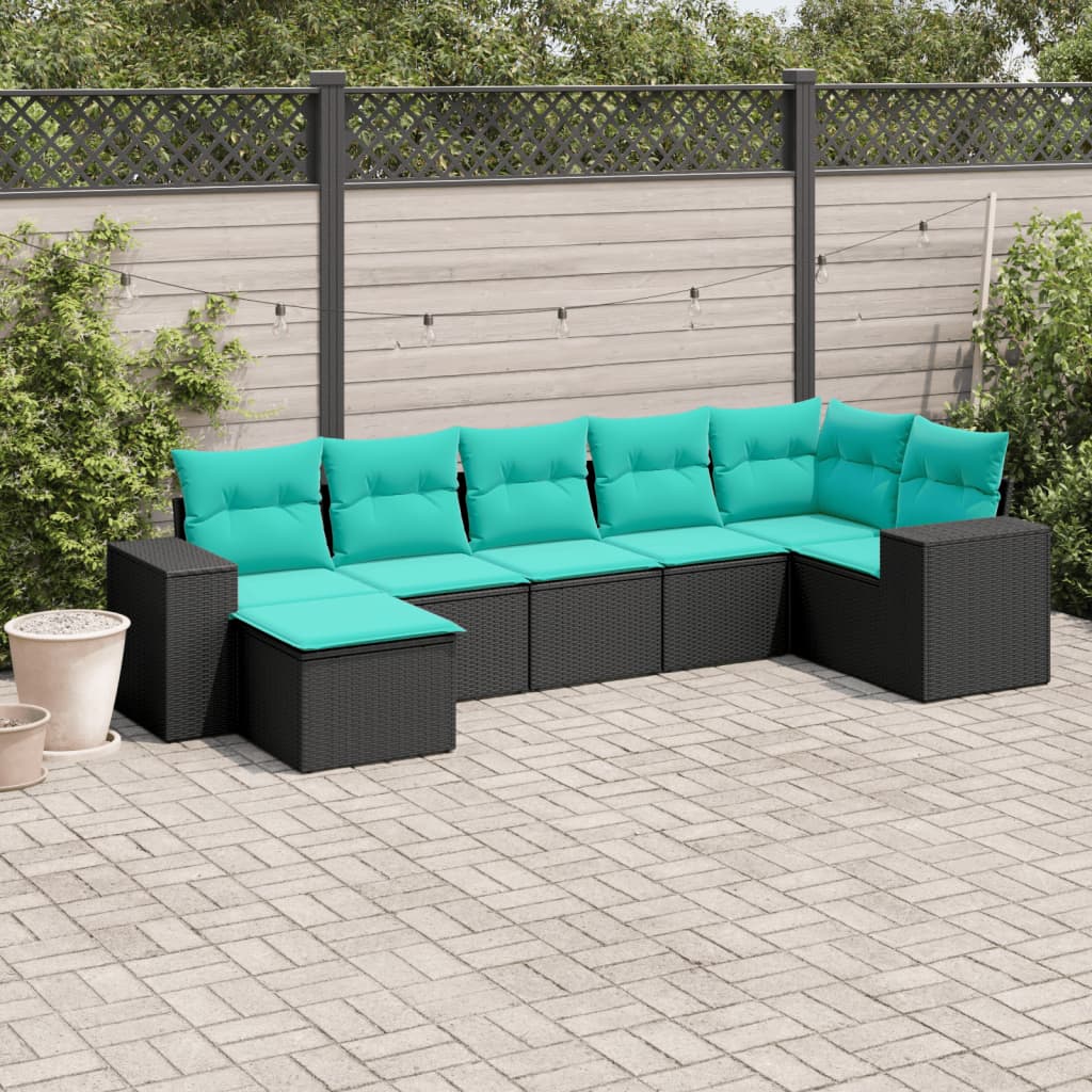 vidaXL 7-delige tuinbankset met kussens van zwart polyrotan