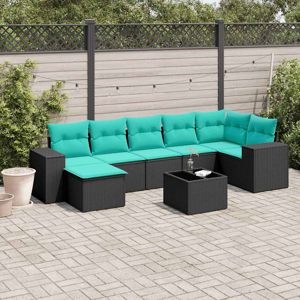vidaXL 7-delige tuinbankset met kussens van zwart polyrotan