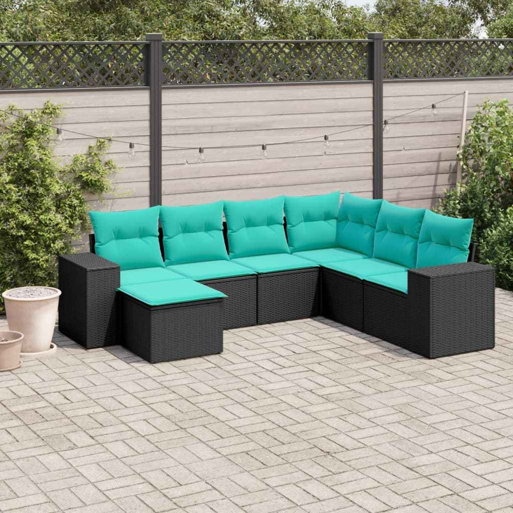 vidaXL 7-delige tuinbankset met kussens van zwart polyrotan