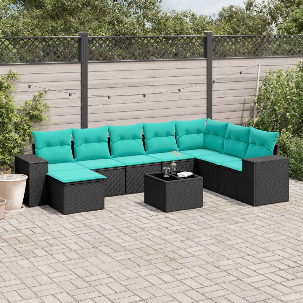 vidaXL 8-delige tuinbankset met kussens, zwart polyrotan