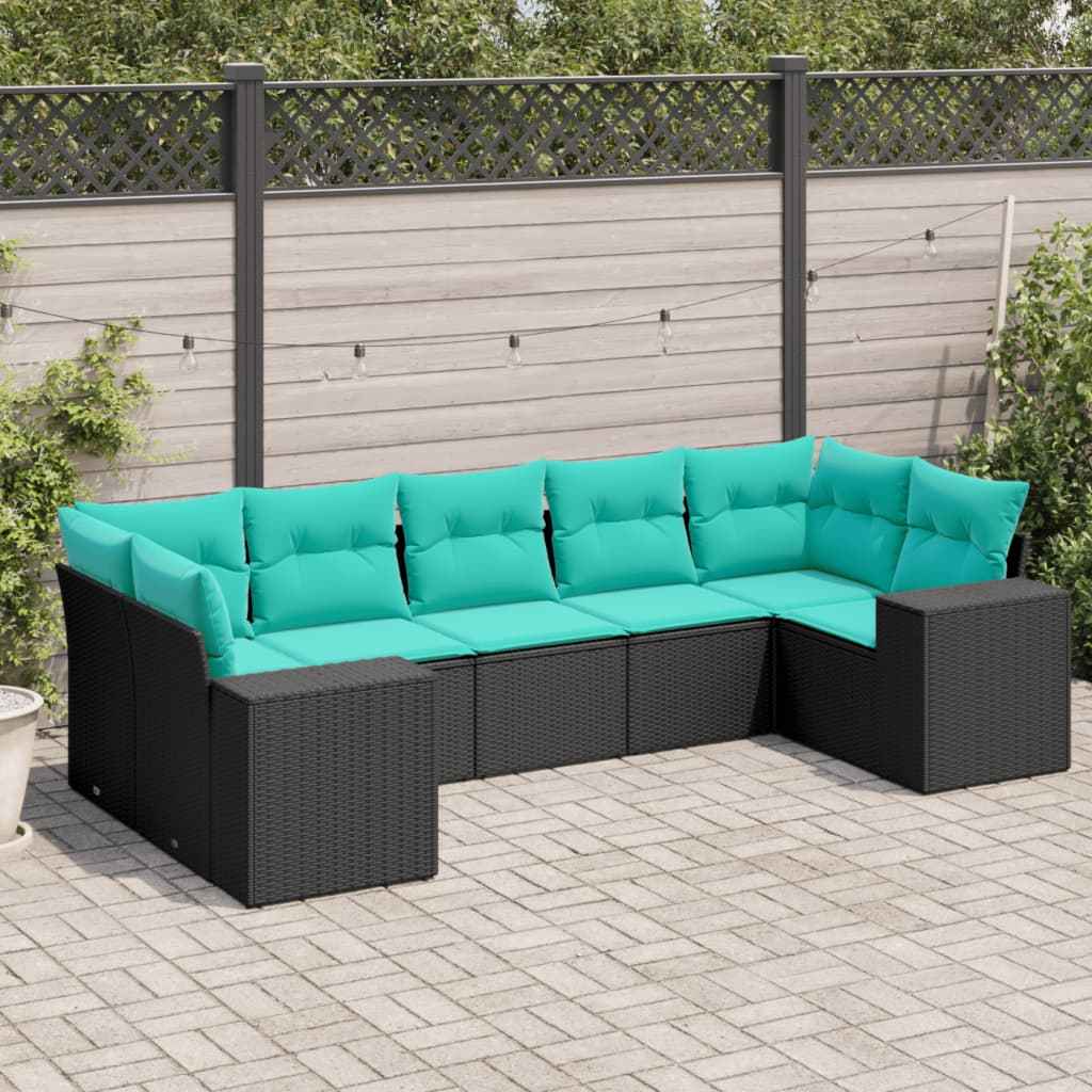 vidaXL 7-delige tuinbankset met kussens van zwart polyrotan
