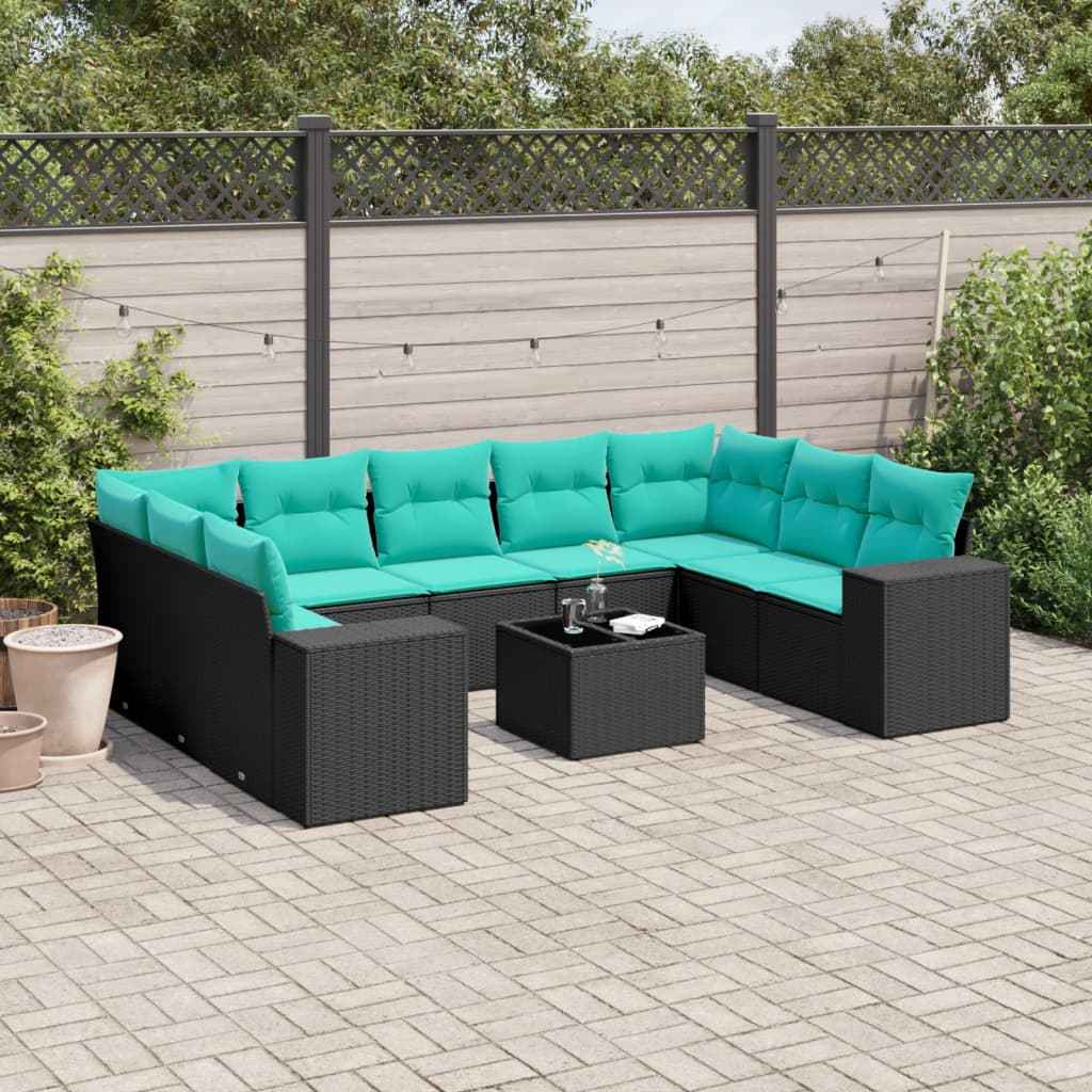 vidaXL 9-delige tuinbankset met kussens van zwart polyrotan
