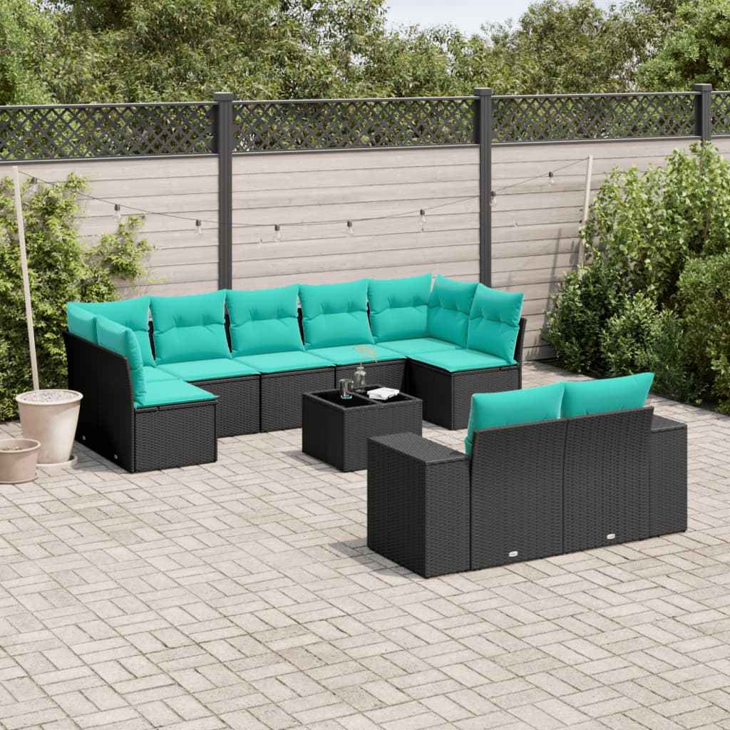 vidaXL 9-delige tuinbankset met kussens van zwart polyrotan