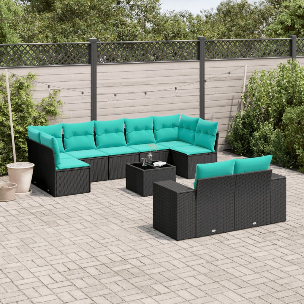 vidaXL 9-delige tuinbankset met kussens van zwart polyrotan