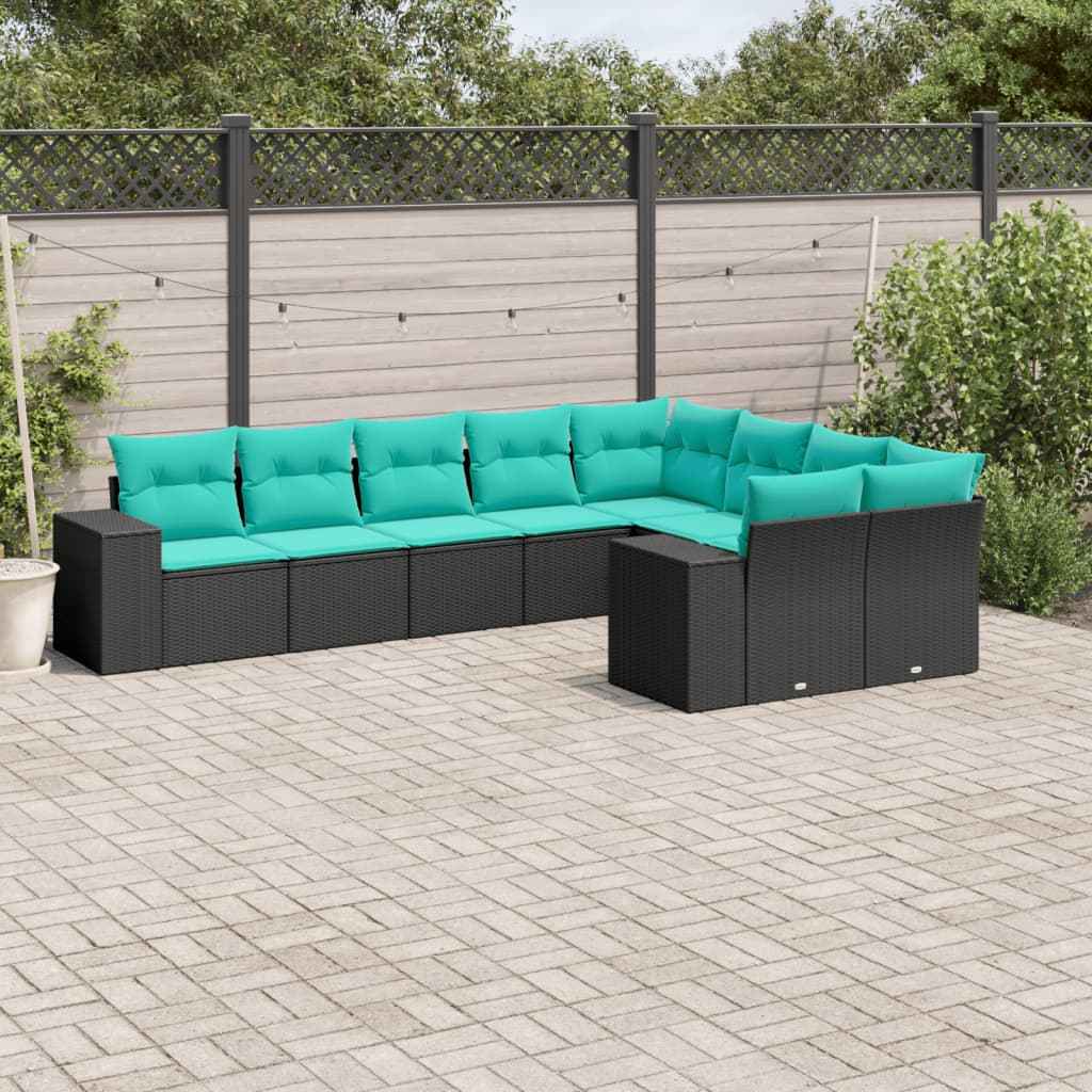 vidaXL 9-delige tuinbankset met kussens van zwart polyrotan