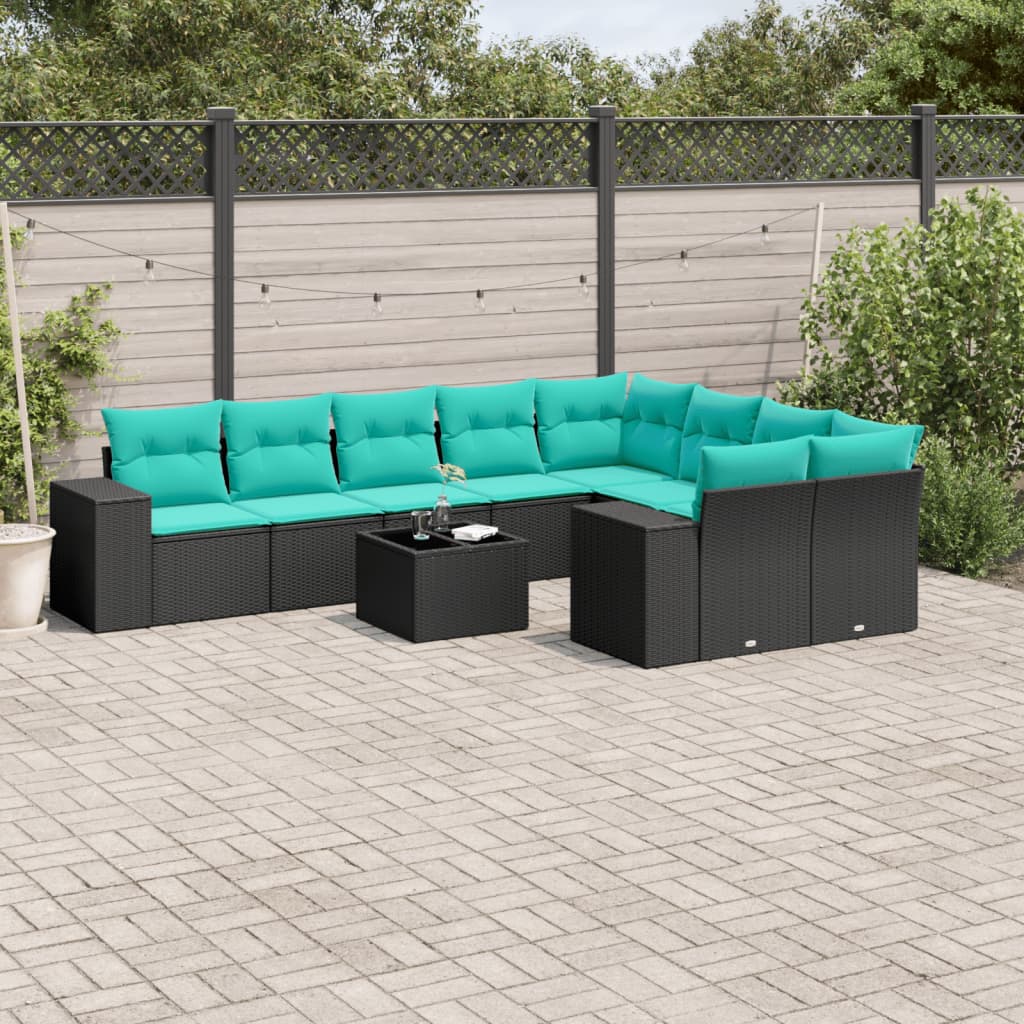 vidaXL 9-delige tuinbankset met kussens van zwart polyrotan