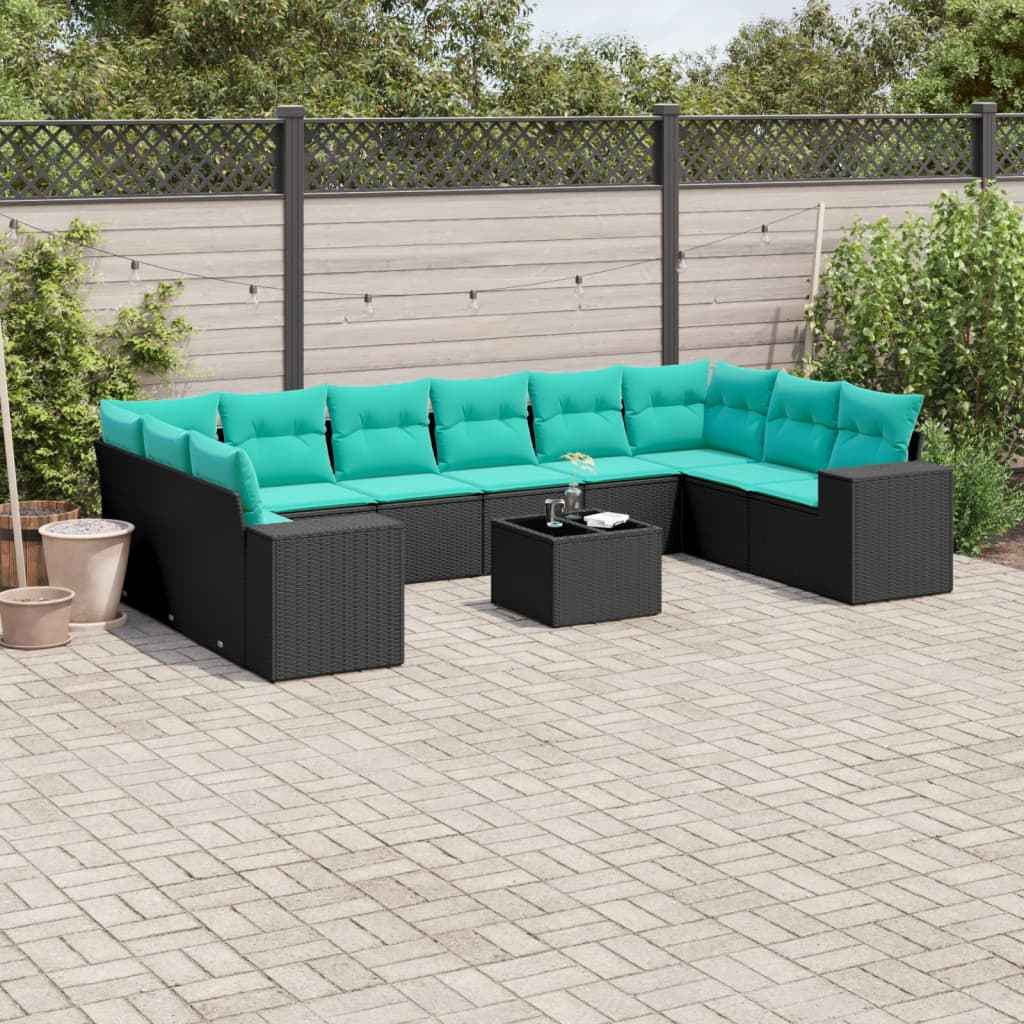 vidaXL 10-delige tuinbankset met kussens van zwart polyrotan