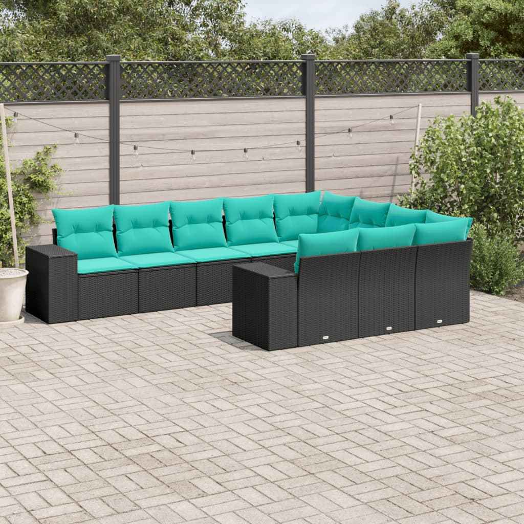 vidaXL 10-delige tuinbankset met kussens van zwart polyrotan
