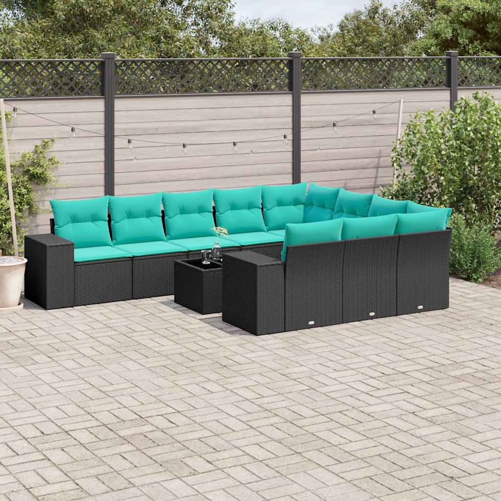 vidaXL 10-delige tuinbankset met kussens van zwart polyrotan