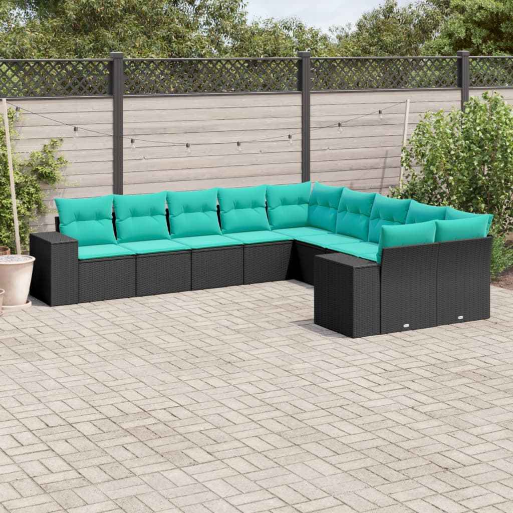 vidaXL 10-delige tuinbankset met kussens van zwart polyrotan