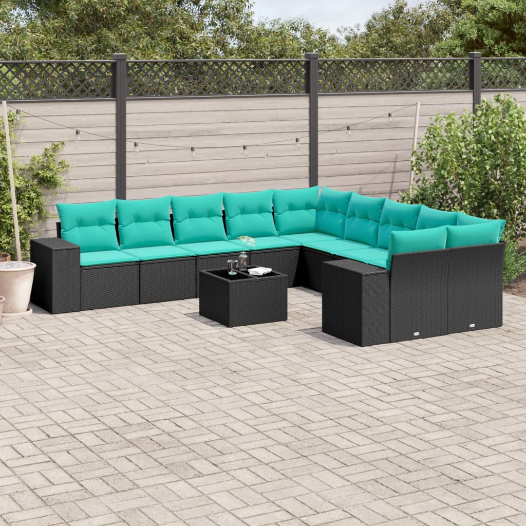 vidaXL 10-delige tuinbankset met kussens van zwart polyrotan