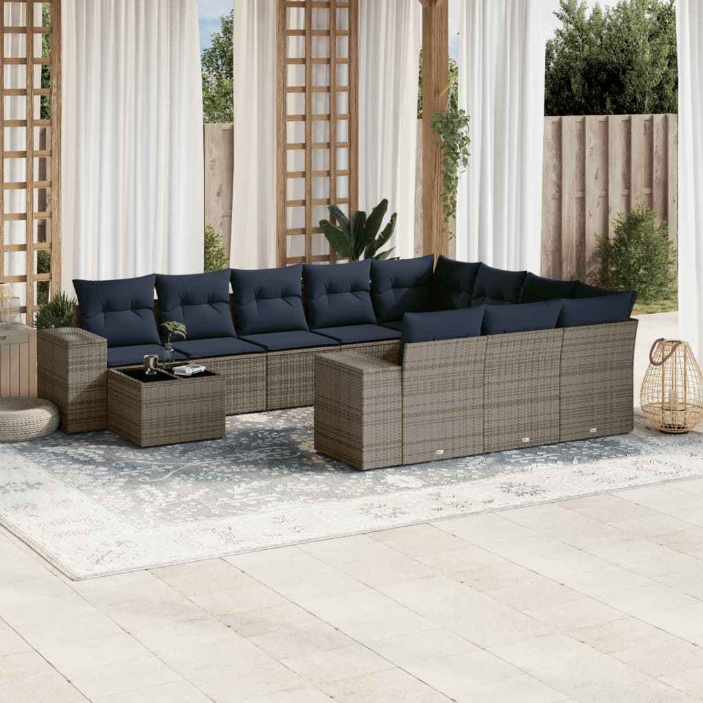 vidaXL 11-delige tuinbankset met kussens, zwart polyrotan
