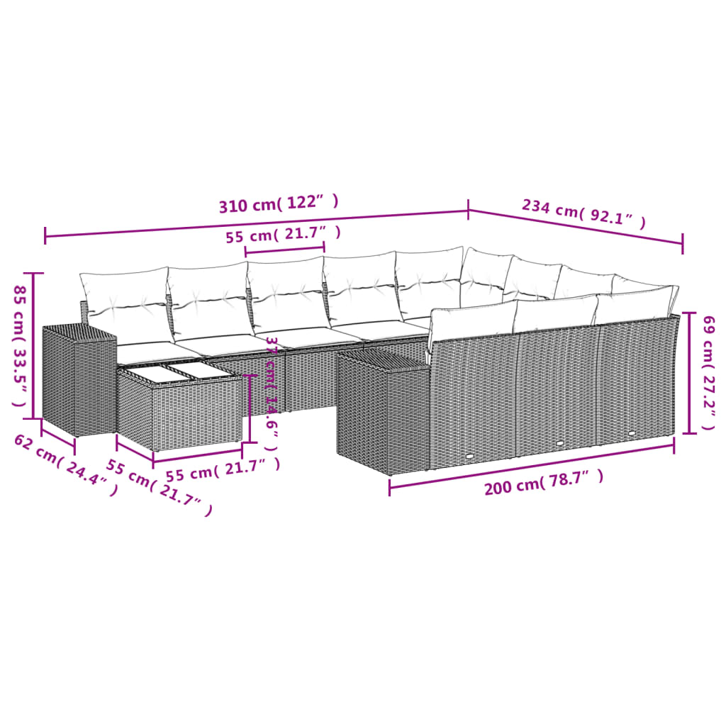 vidaXL 11-delige tuinbankset met kussens, zwart polyrotan