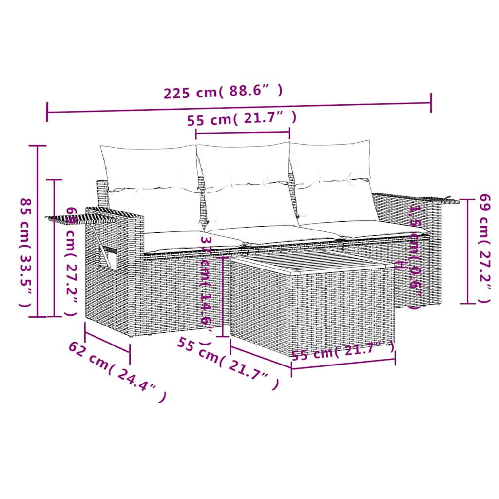 vidaXL 4-delige tuinbankset met kussens, zwart polyrotan