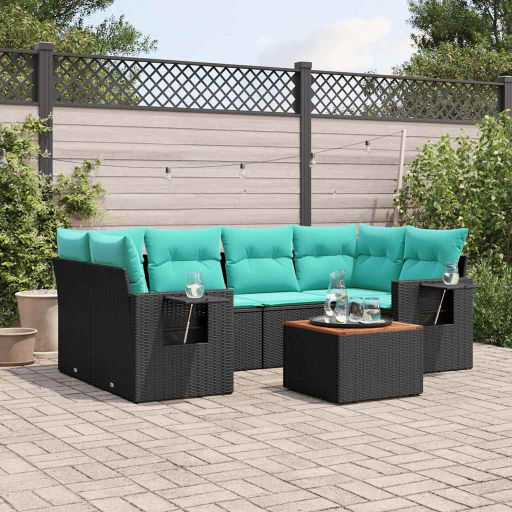 vidaXL 7-delige tuinbankset met kussens van zwart polyrotan