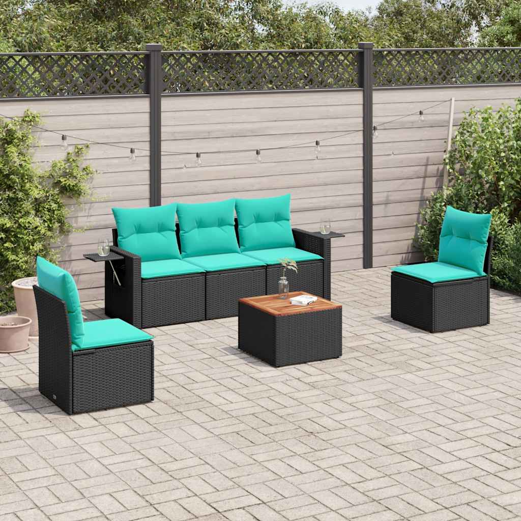 vidaXL 6-delige tuinbankset met kussens van zwart polyrotan