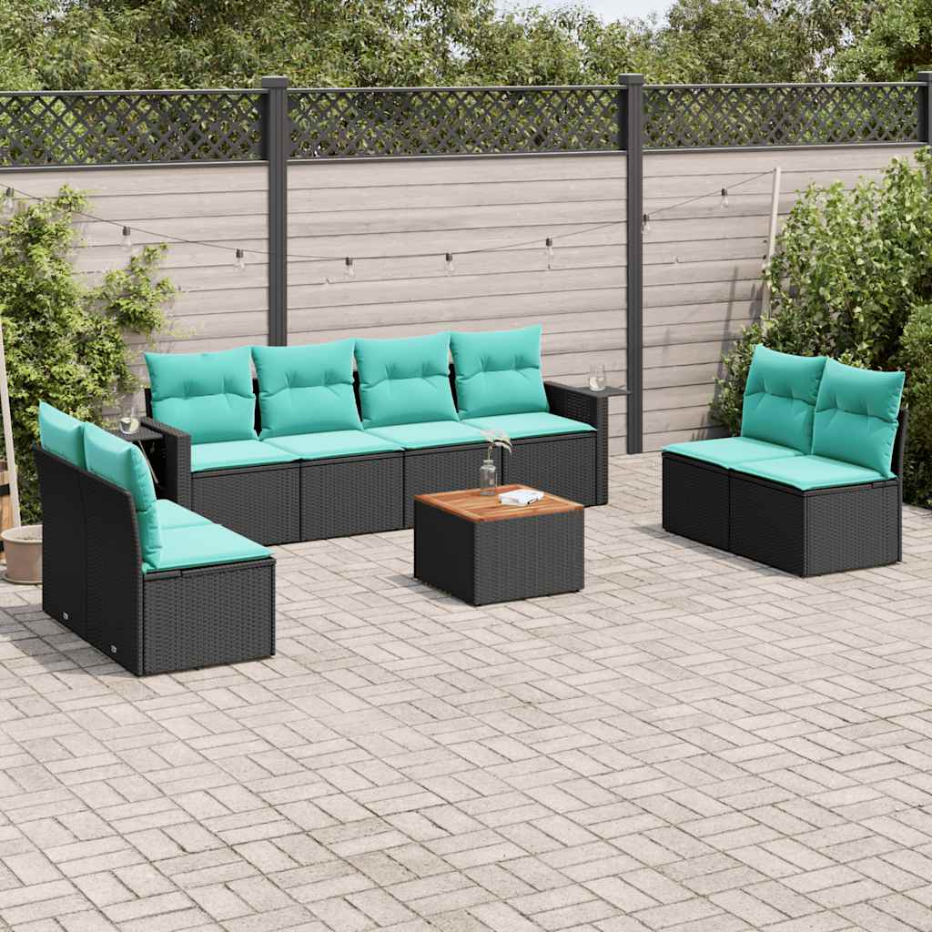 vidaXL 9-delige tuinbankset met kussens van zwart polyrotan