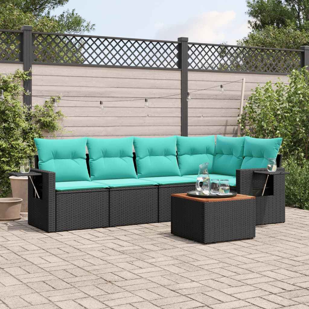 vidaXL 6-delige tuinbankset met kussens van zwart polyrotan