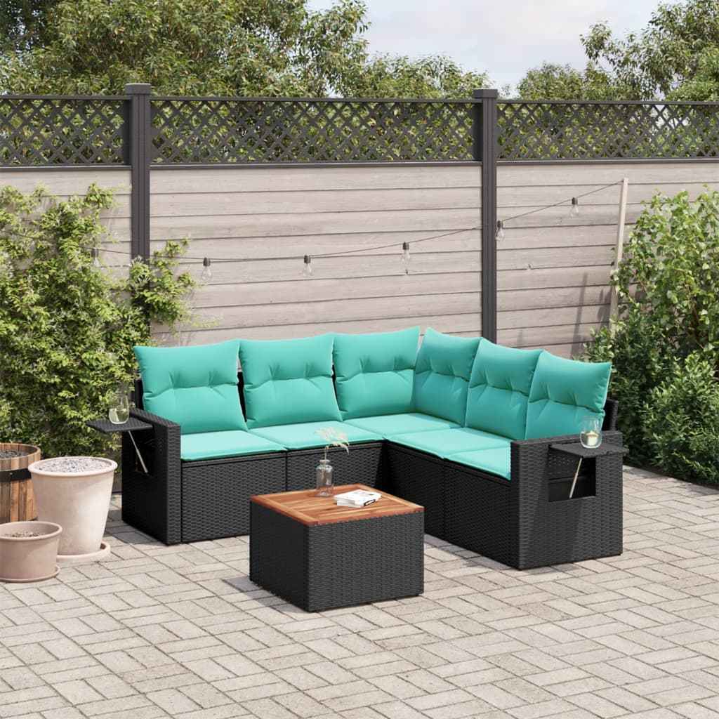 vidaXL 6-delige tuinbankset met kussens van zwart polyrotan