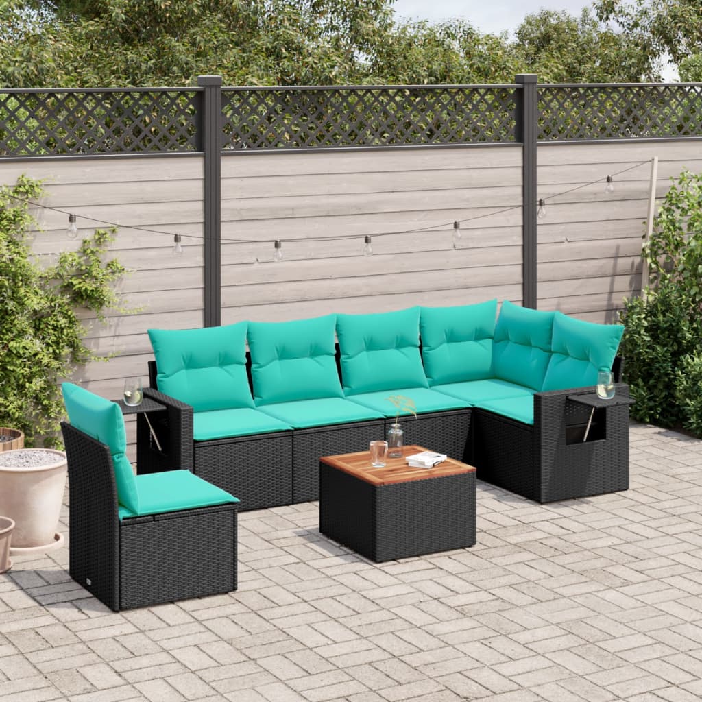vidaXL 7-delige tuinbankset met kussens van zwart polyrotan