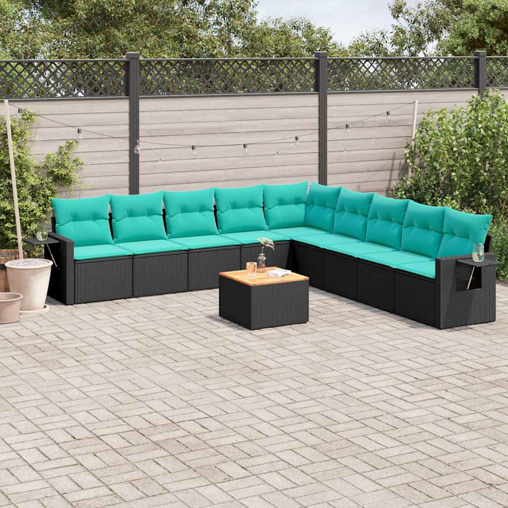 vidaXL 10-delige tuinbankset met kussens van zwart polyrotan