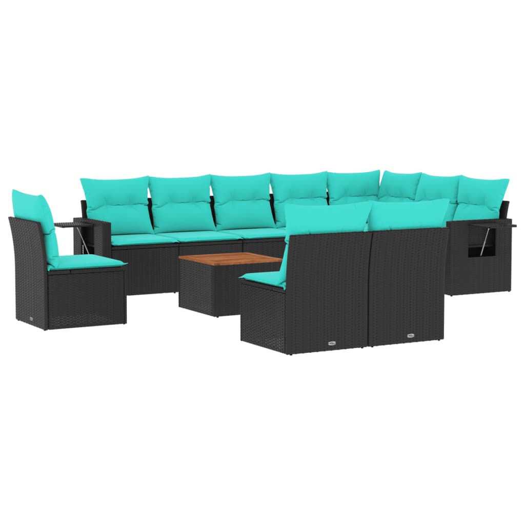 vidaXL 11-delige tuinbankset met kussens, zwart polyrotan