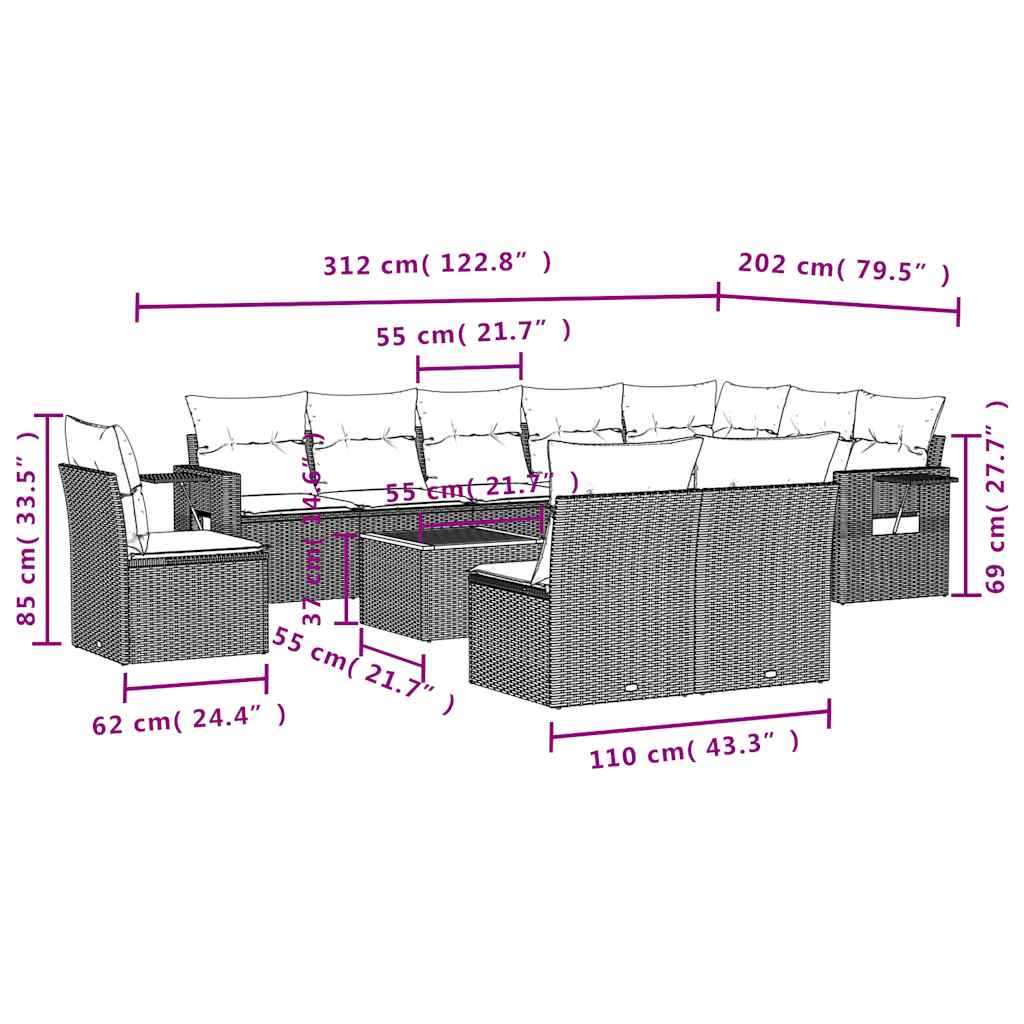vidaXL 11-delige tuinbankset met kussens, zwart polyrotan