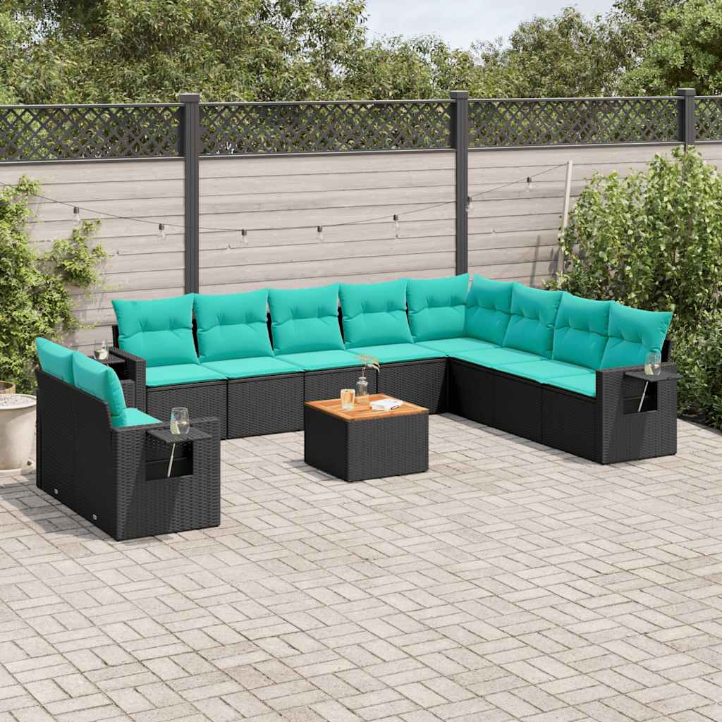 vidaXL 11-delige tuinbankset met kussens, zwart polyrotan