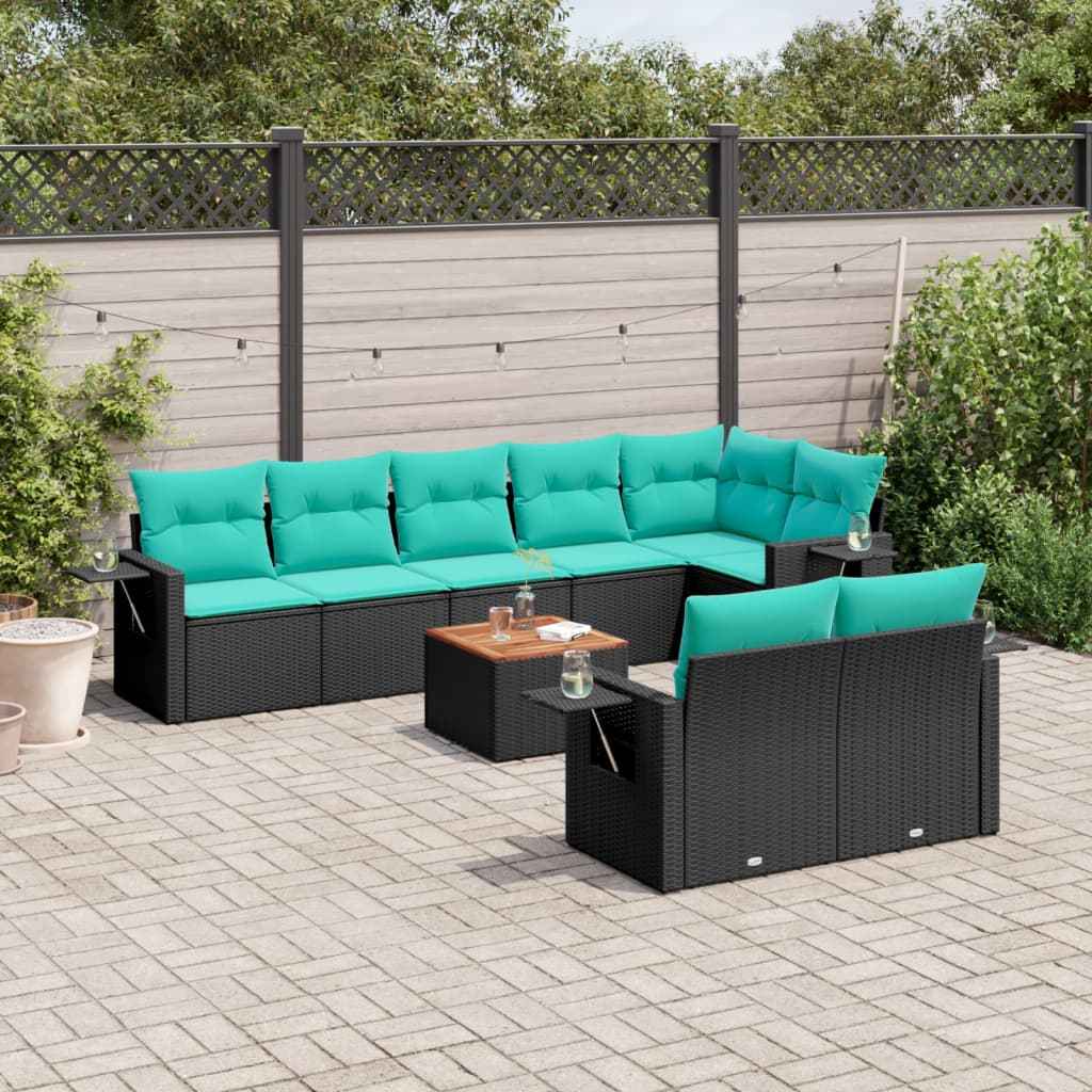 vidaXL 9-delige tuinbankset met kussens van zwart polyrotan