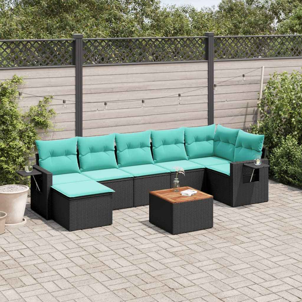 vidaXL 8-delige tuinbankset met kussens, zwart polyrotan