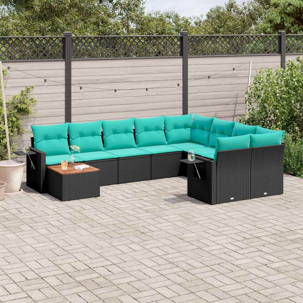 vidaXL 10-delige tuinbankset met kussens van zwart polyrotan