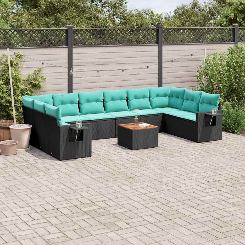 vidaXL 11-delige tuinbankset met kussens, zwart polyrotan