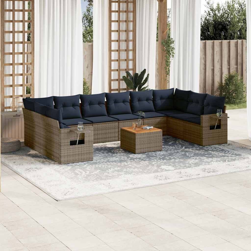 vidaXL 11-delige tuinbankset met kussens, zwart polyrotan