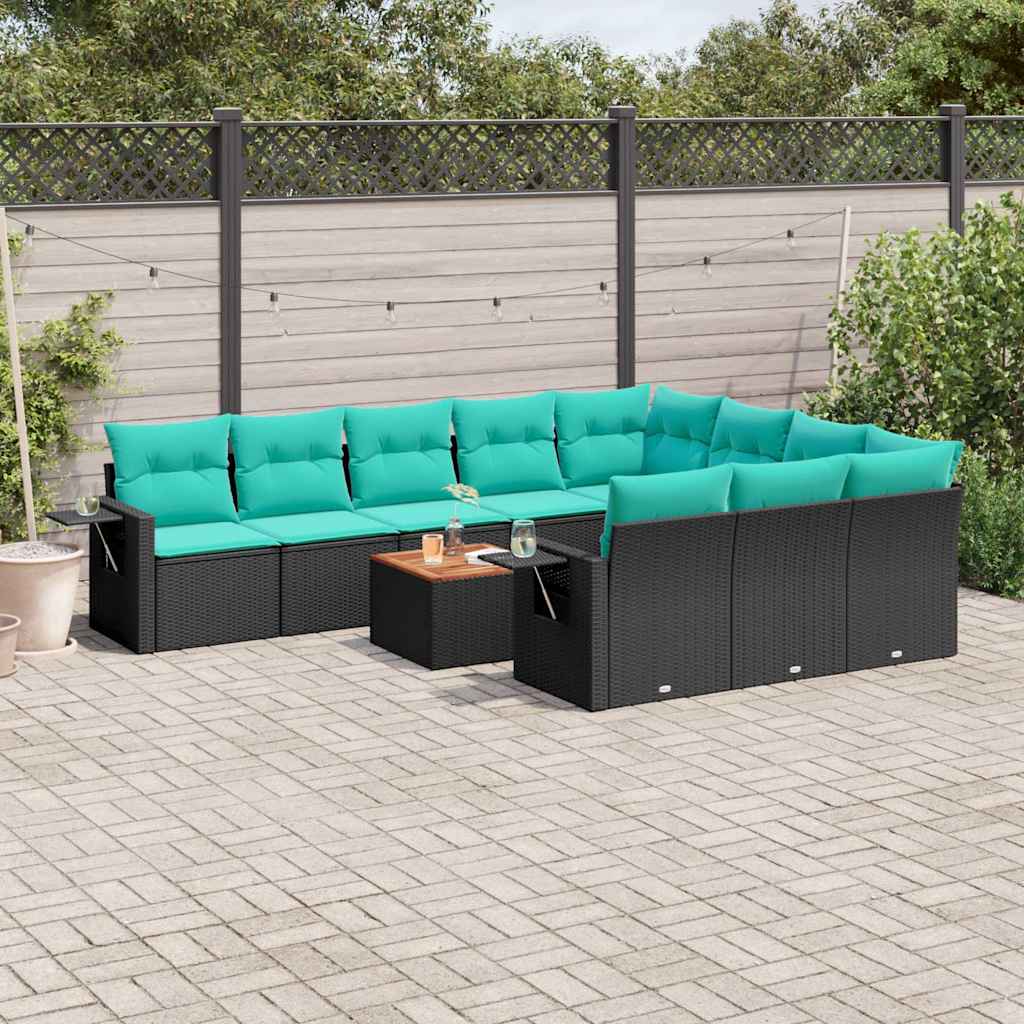vidaXL 11-delige tuinbankset met kussens, zwart polyrotan