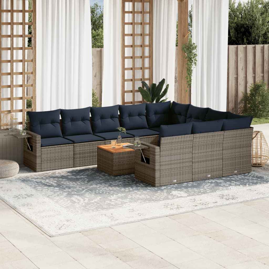 vidaXL 11-delige tuinbankset met kussens, zwart polyrotan