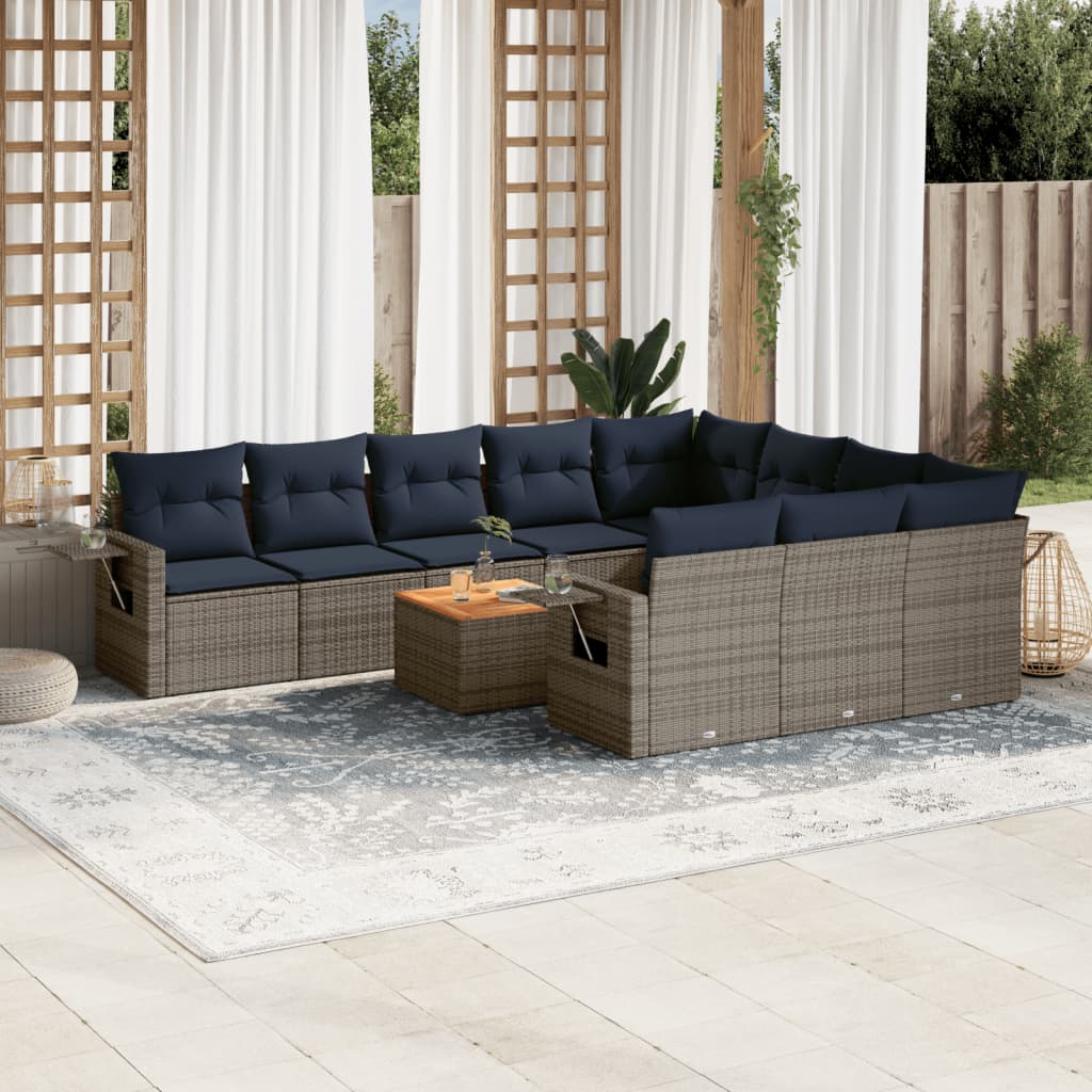 vidaXL 11-delige tuinbankset met kussens, zwart polyrotan