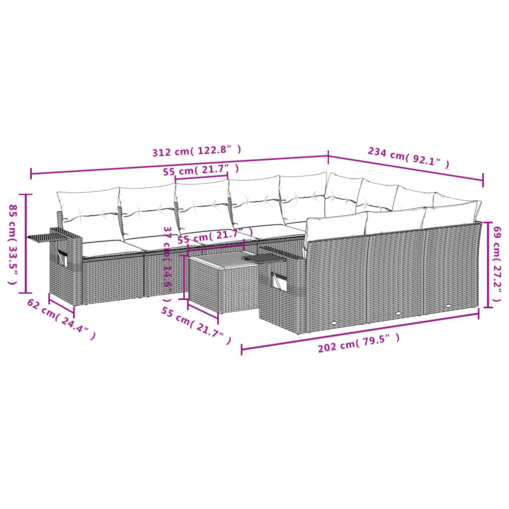 vidaXL 11-delige tuinbankset met kussens, zwart polyrotan