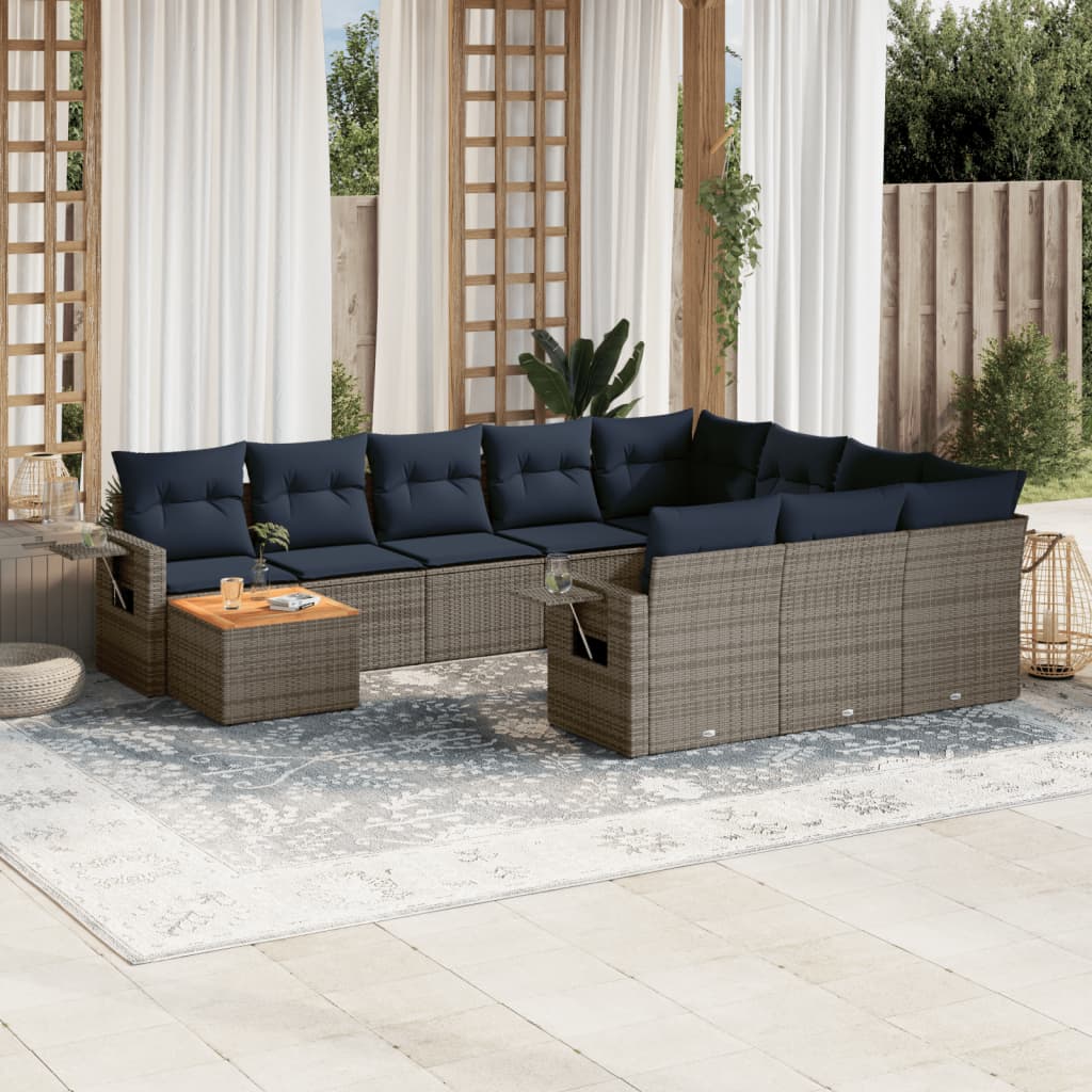 vidaXL 11-delige tuinbankset met kussens, zwart polyrotan