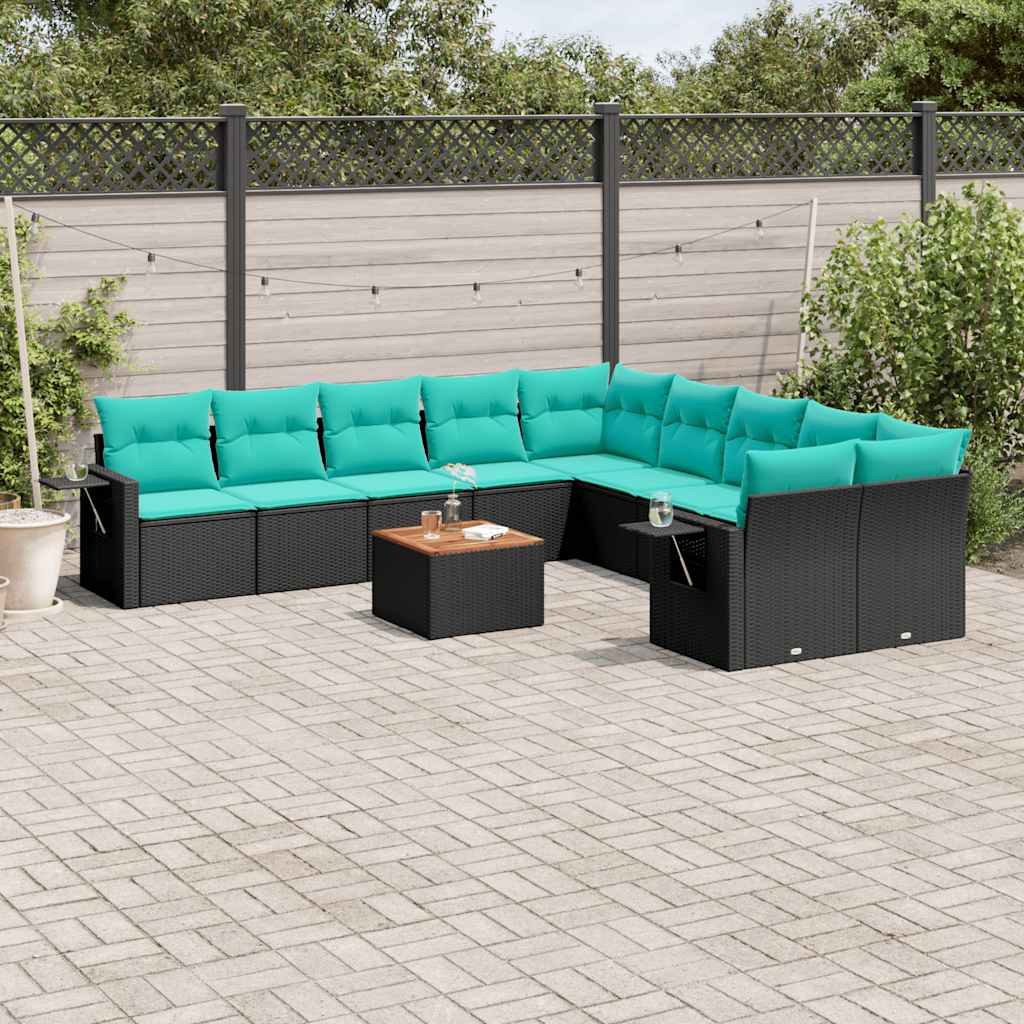 vidaXL 11-delige tuinbankset met kussens, zwart polyrotan