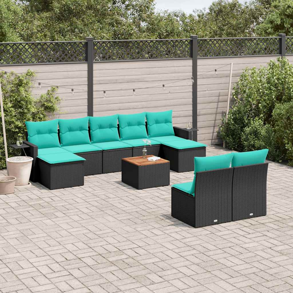 vidaXL 10-delige tuinbankset met kussens van zwart polyrotan