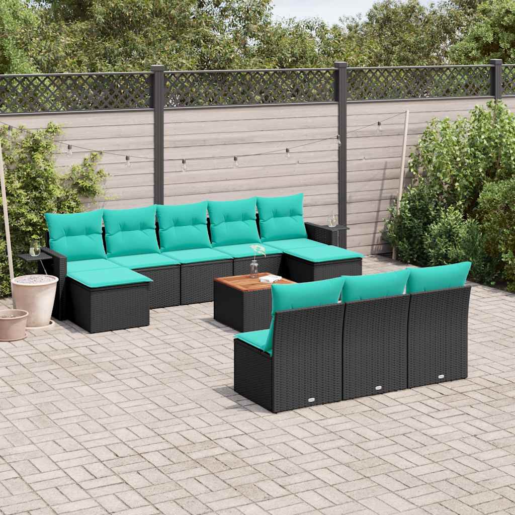 vidaXL 11-delige tuinbankset met kussens, zwart polyrotan