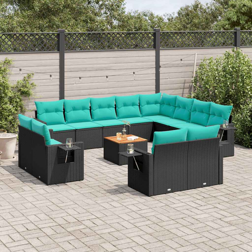 vidaXL 13-delige tuinbankset met kussens van zwart polyrotan