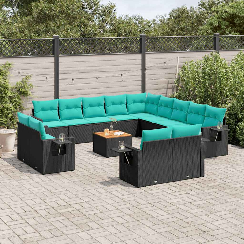 vidaXL 14-delige tuinbankset met kussens van zwart polyrotan