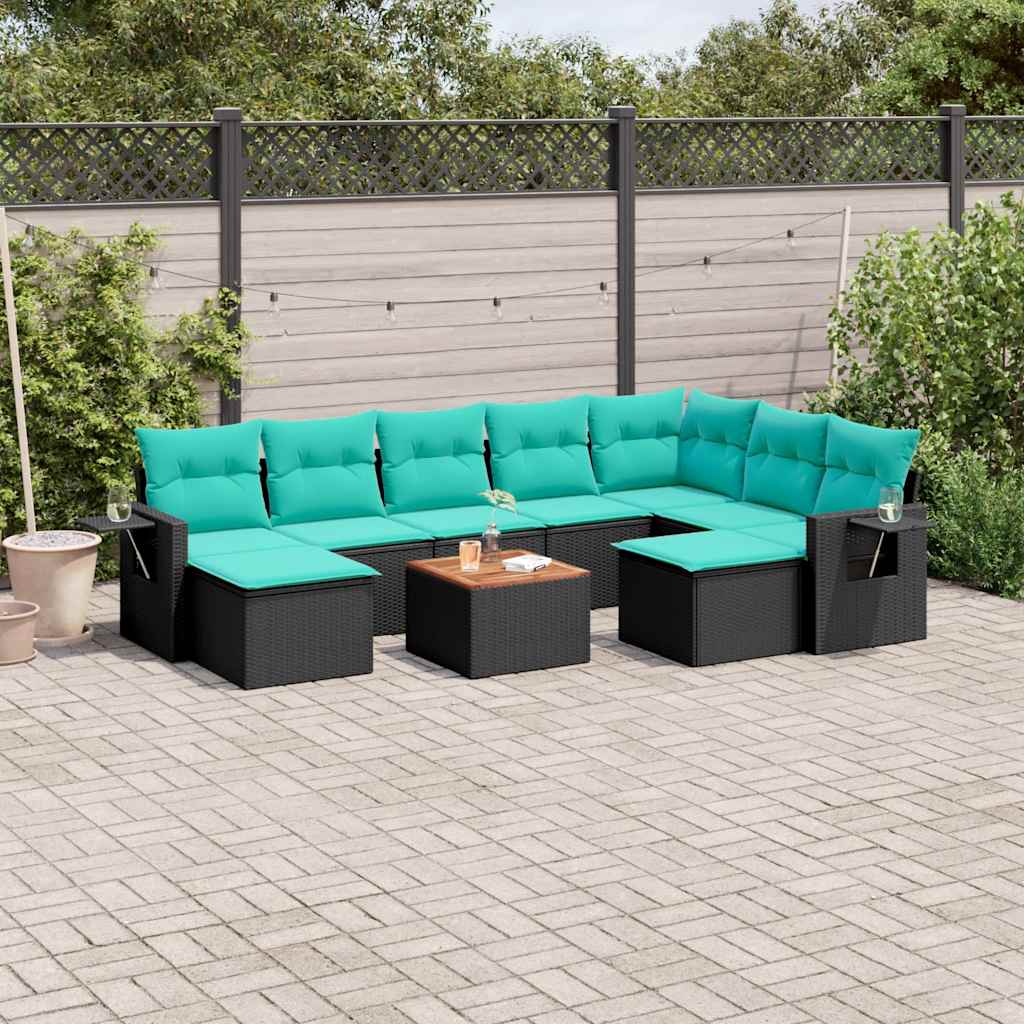 vidaXL 10-delige tuinbankset met kussens van zwart polyrotan