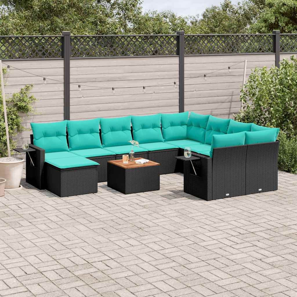 vidaXL 11-delige tuinbankset met kussens, zwart polyrotan