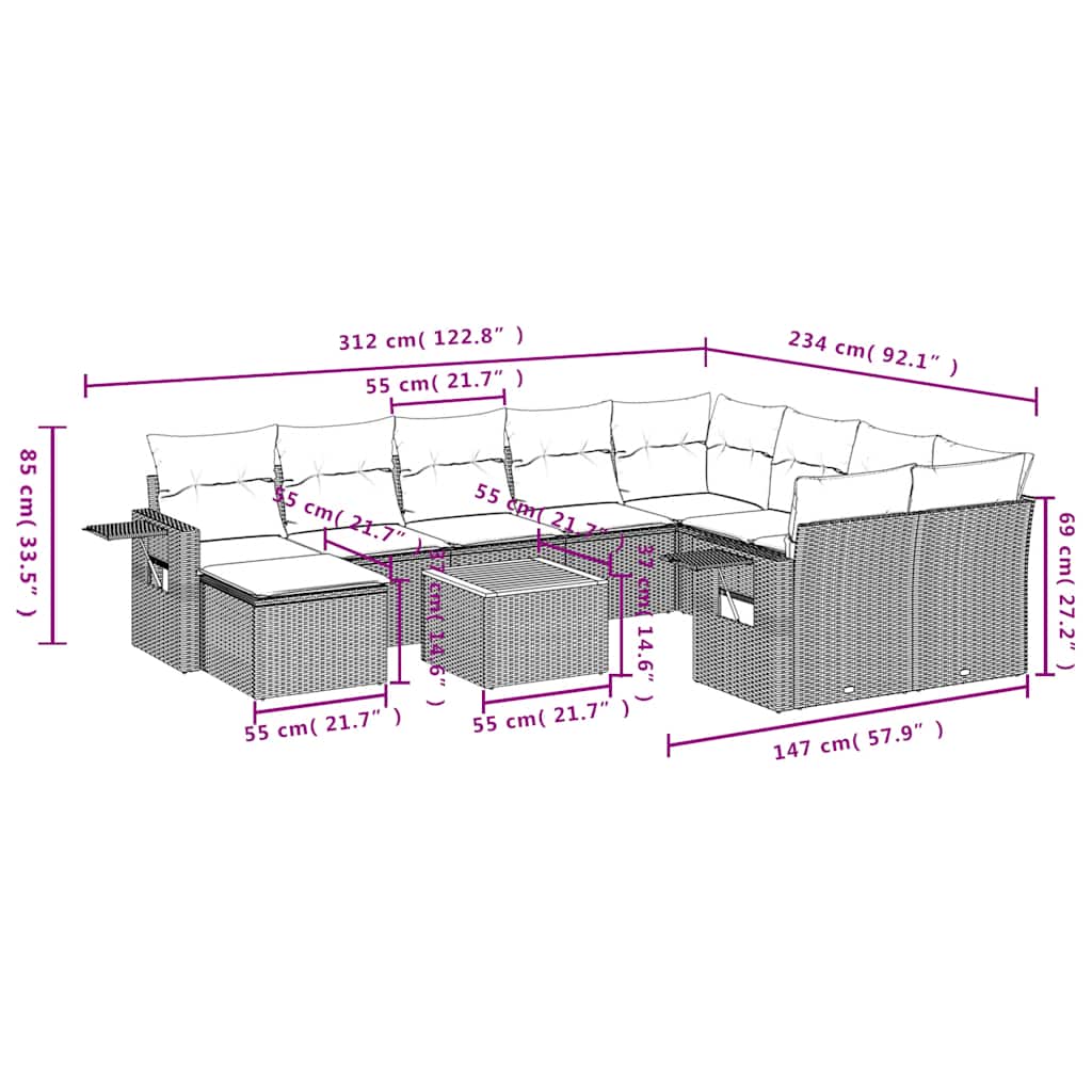 vidaXL 11-delige tuinbankset met kussens, zwart polyrotan