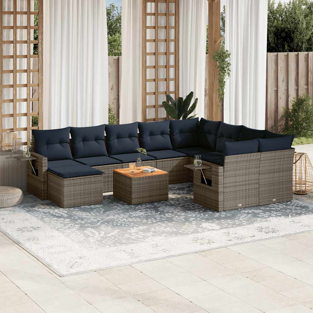 vidaXL 11-delige tuinbankset met kussens, zwart polyrotan