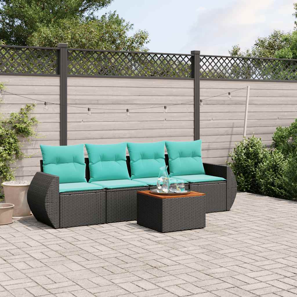 vidaXL 5-delige tuinbankset met kussens van zwart polyrotan