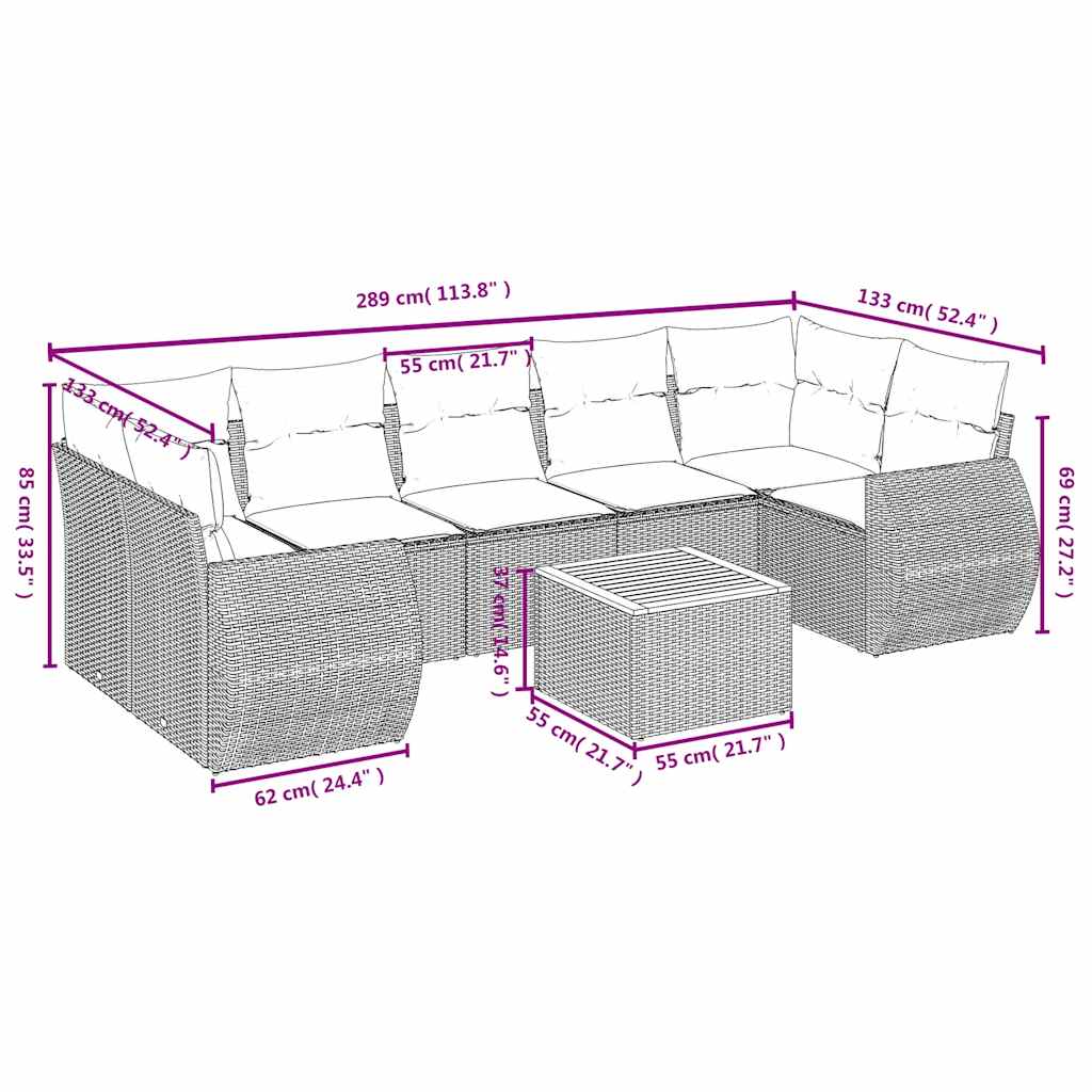 vidaXL 8-delige tuinbankset met kussens, zwart polyrotan