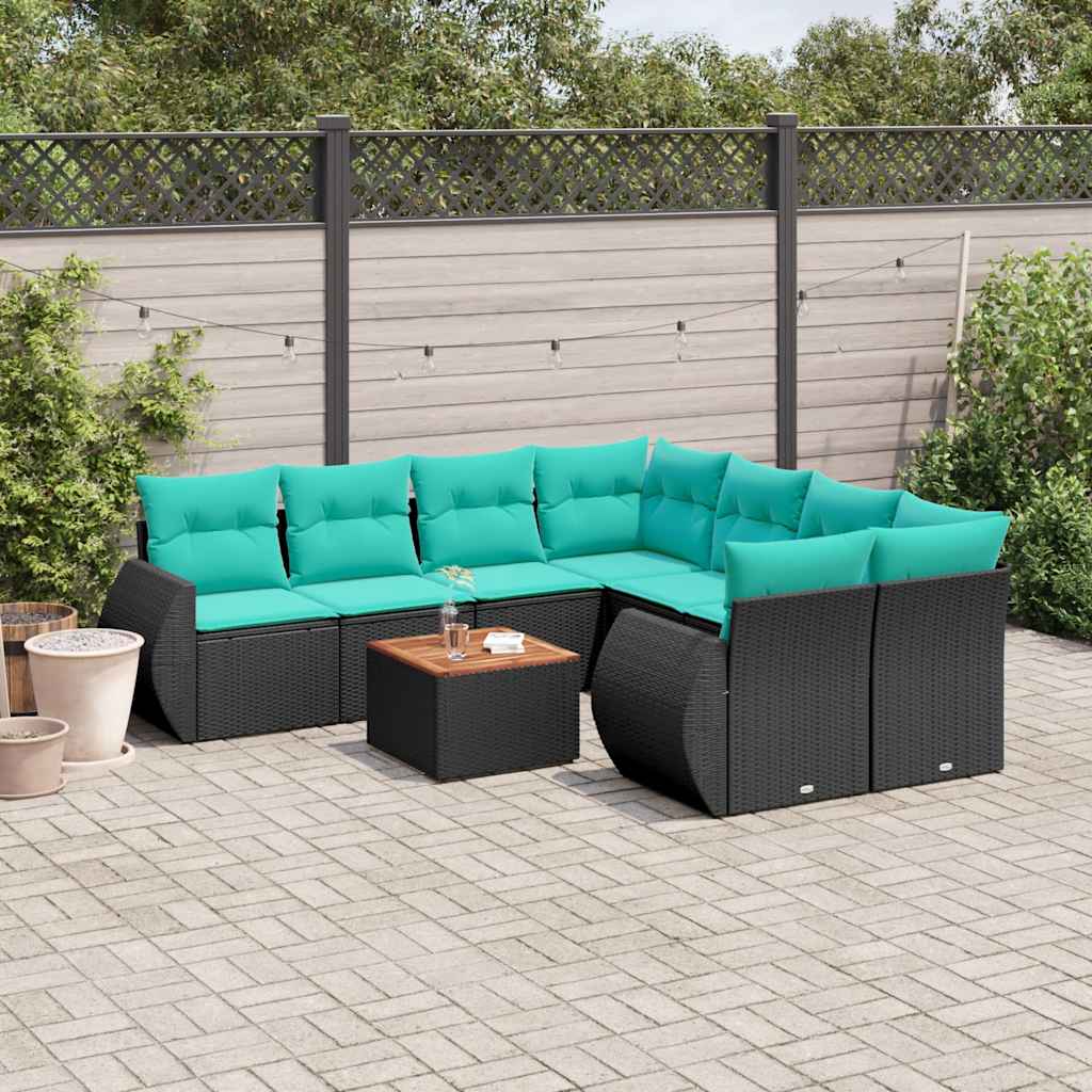 vidaXL 9-delige tuinbankset met kussens van zwart polyrotan